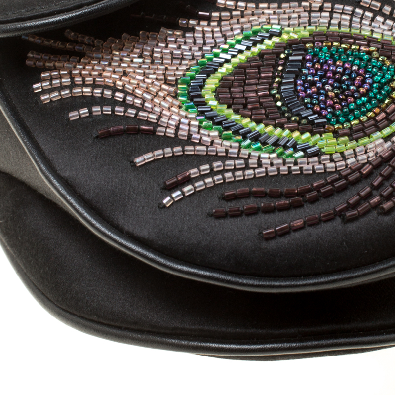 Dior Black Satin Mini Limited Edition Bead Embroidered Feather Saddle Bag  Dior