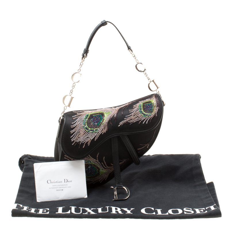 Dior Black Satin Mini Limited Edition Bead Embroidered Feather Saddle Bag  Dior