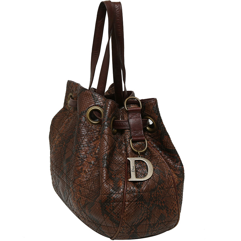 

Dior Brown Cannage Quilted Python Limited Edition Drawstring Tote