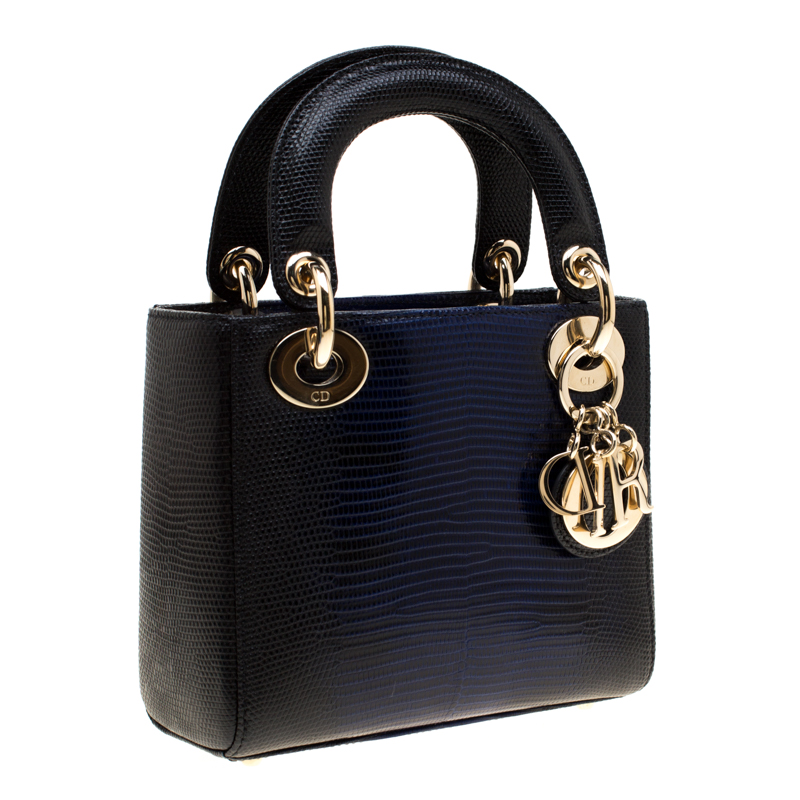 Dior Black/Blue Lizard Skin Leather Mini Lady Dior Top Handle Bag Dior ...