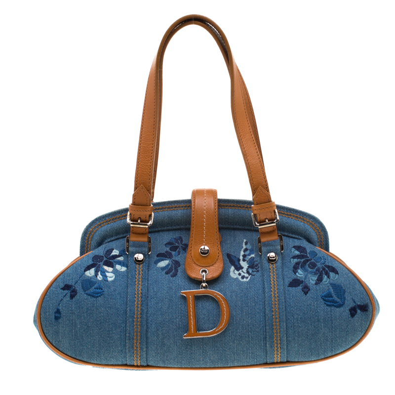 Pre Owned Dior Blue Denim Floral Embroided Frame Satchel 