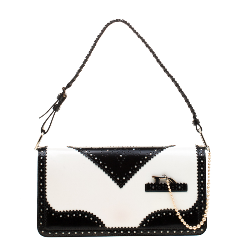 Dior Black/White Patent Leather Brogues Shoulder Bag