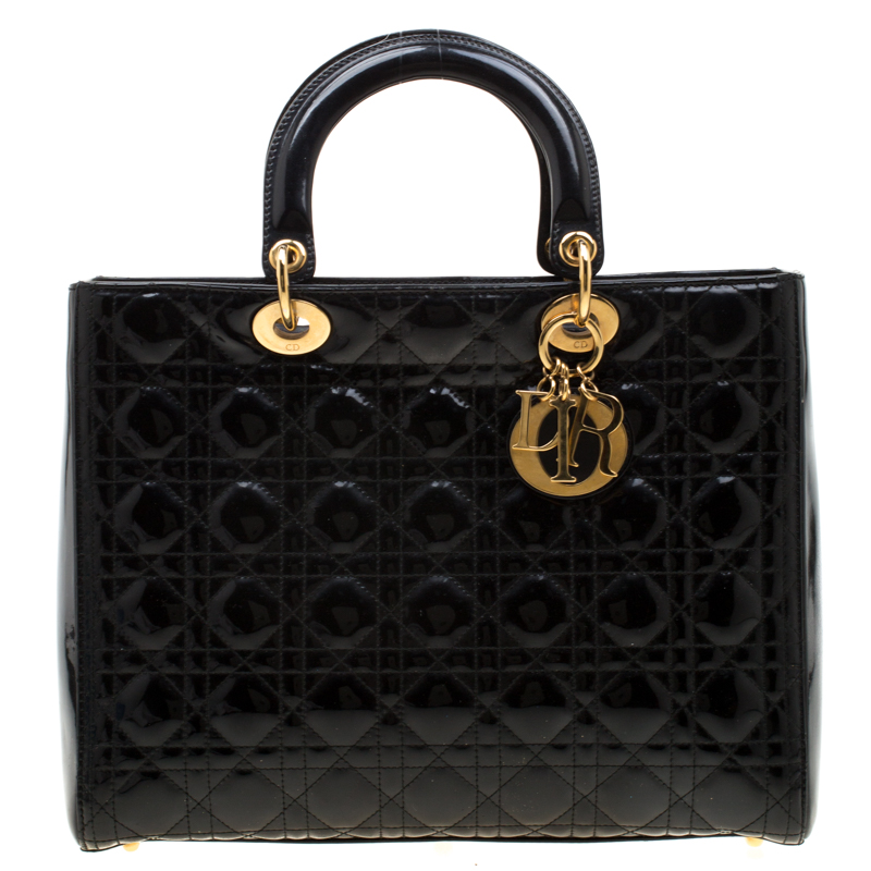 مملوكة مسبقًا Dior Black Patent Leather Large Lady Dior Tote
