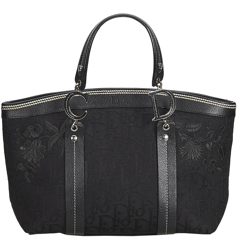 Pre Owned Christian Dior Black Embroidered Oblique Canvas Leather Everyday Bag