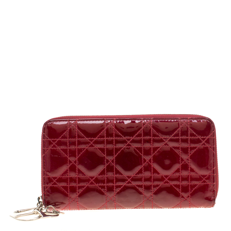 Dior Red Cannage Patent Leather Zip Around Lady Dior Wallet