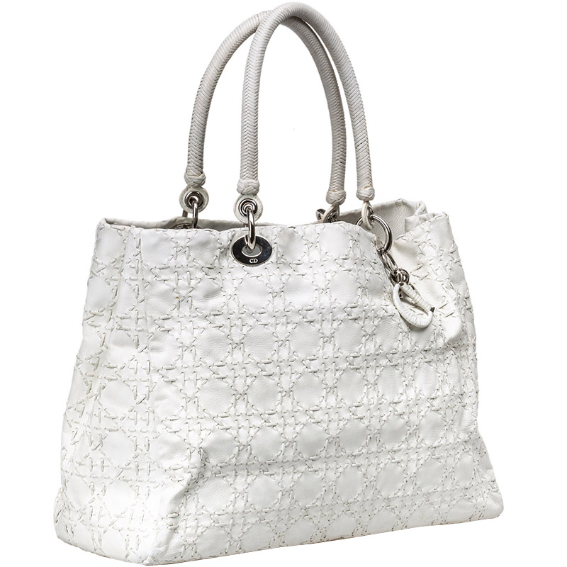 

Dior White Cannage Leather Woven Handle Tote