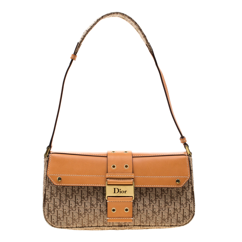 Pre Owned Dior Beige/Tan Oblique Canvas and Leather Street Chic Shoulder Bag