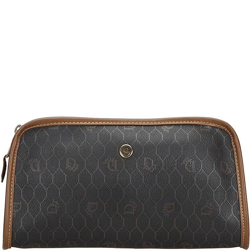 Pre Owned Christian Dior Black Brown Honeycomb Coated Canvas Clutch Bag