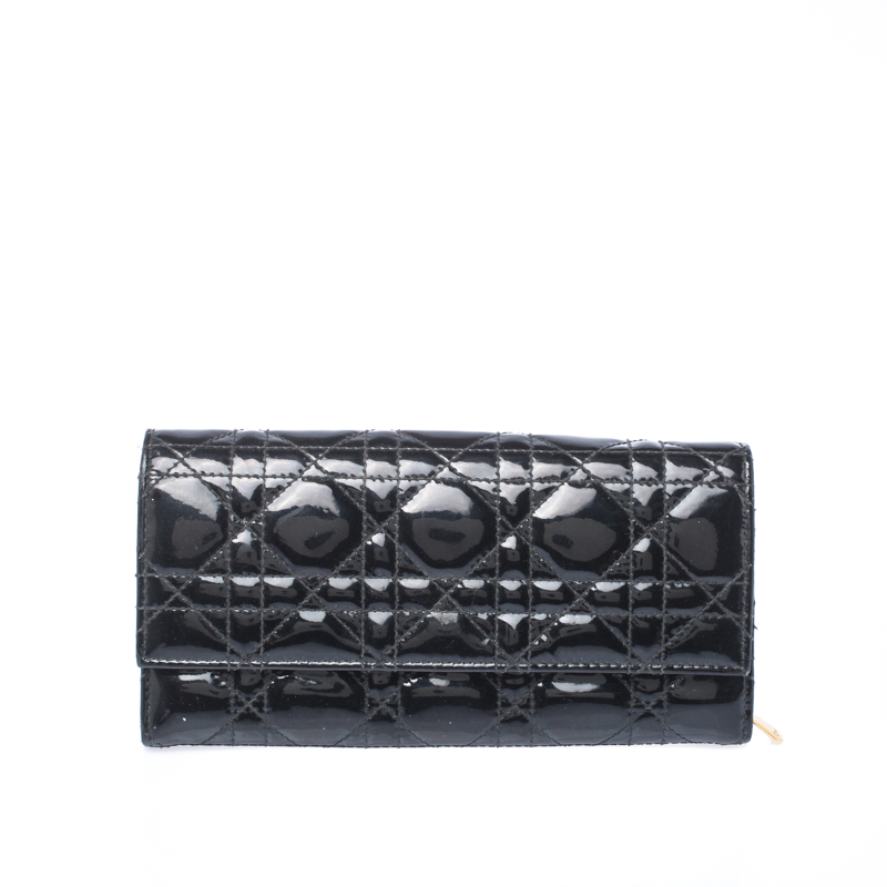 Pre Owned Dior Black Cannage Patent Leather Lady Dior Wallet on Chain