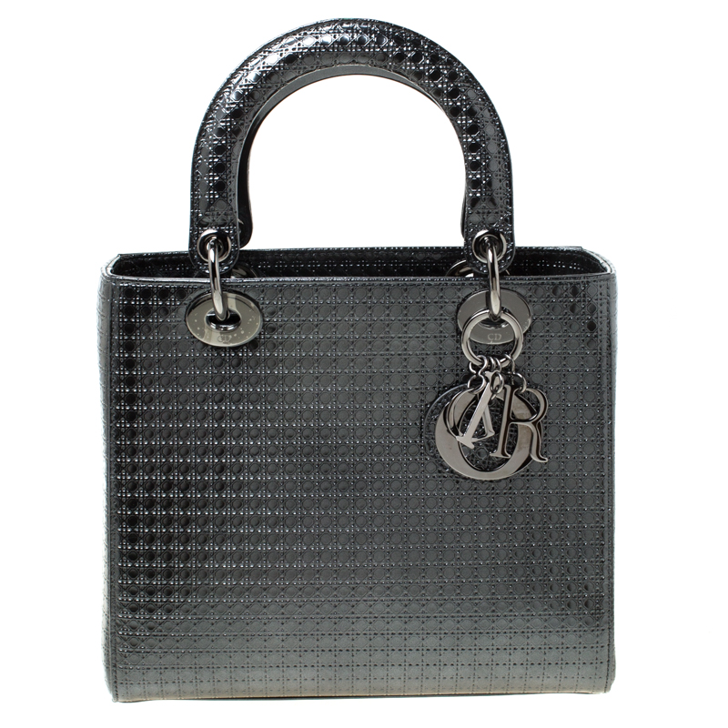 Pre Owned Dior Metallic Silver Micro Cannage Patent Leather Lady Dior Tote 