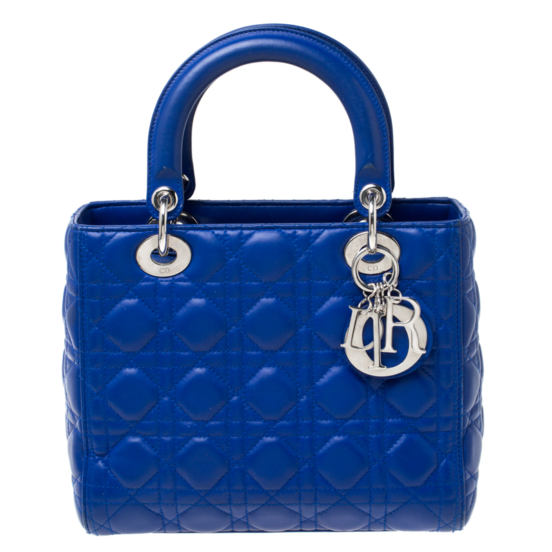 Pre Owned Dior Blue Leather Medium Lady Dior Tote