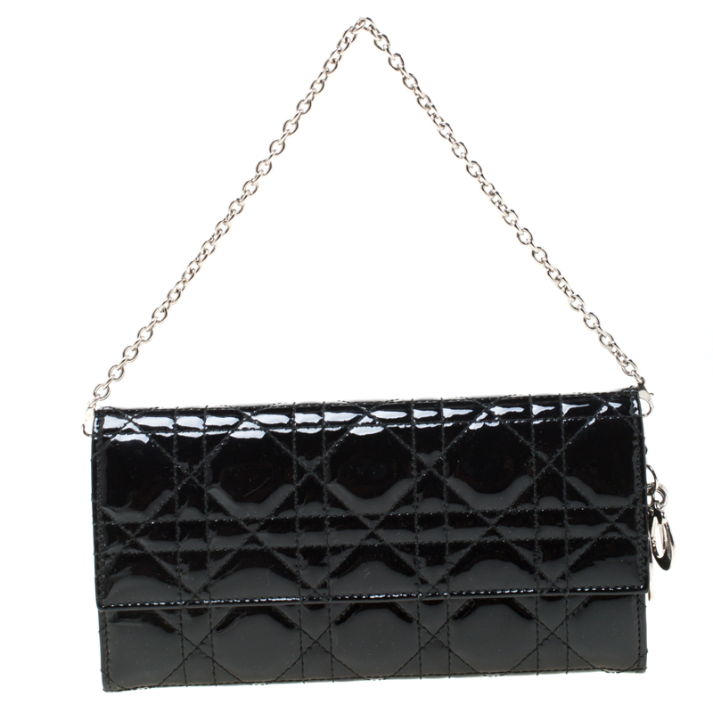 Pre Owned Dior Black Cannage Patent Leather Wallet on Chain