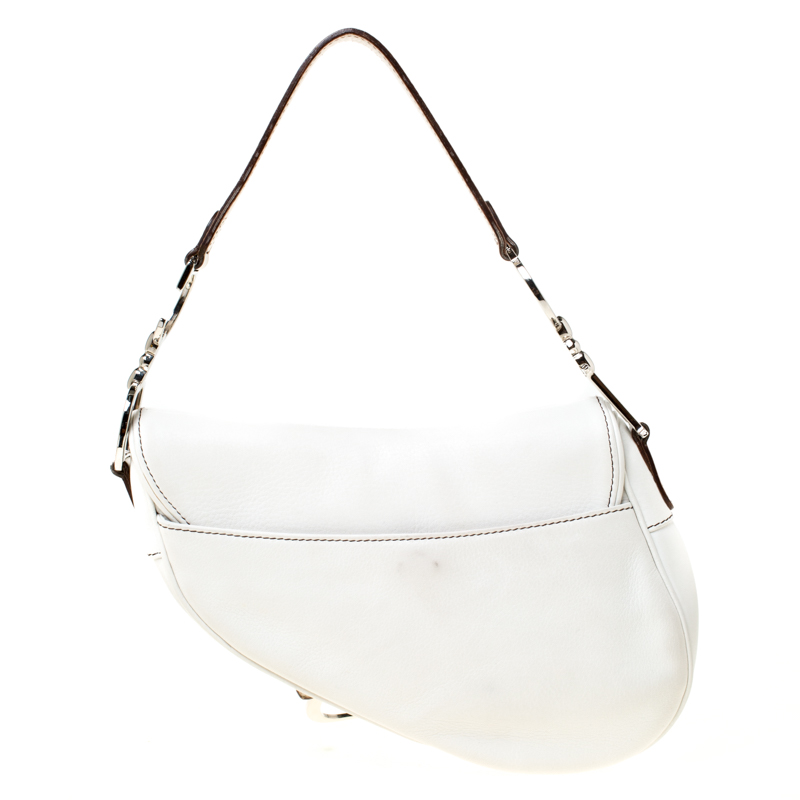 Christian Dior White Leather Saddle Bag with Silver D Charm. , Lot  #76054