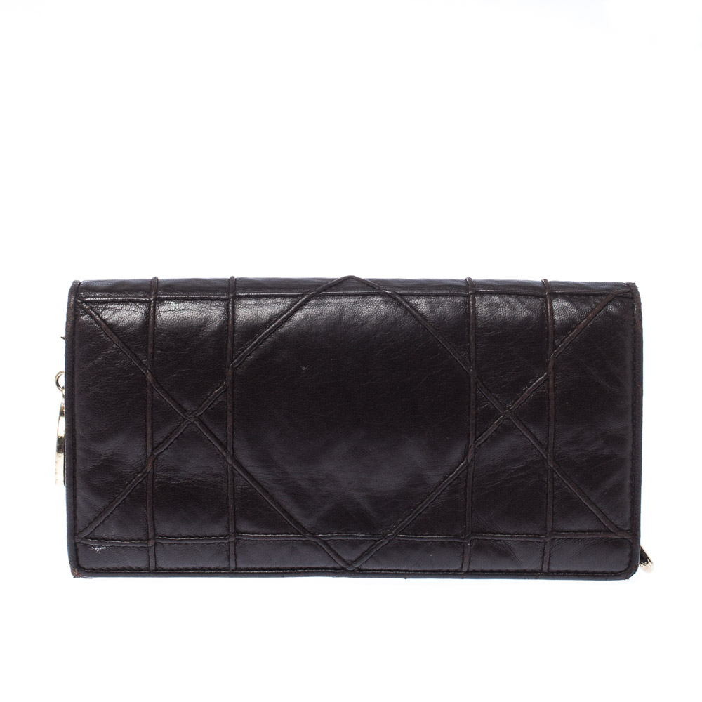 Pre Owned Dior Dark Brown Cannage Leather Lady Dior Flap Wallet 
