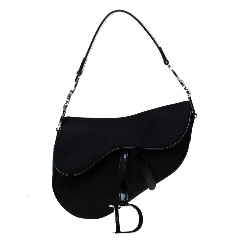 Pre Owned Dior Black Nylon and Patent Leather Saddle Bag