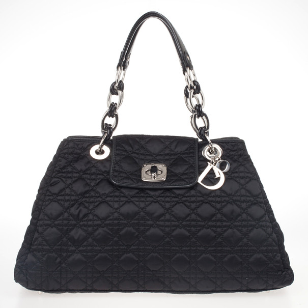 Christian Dior Quilted Black Satin Cannage Charming Lock Satchel