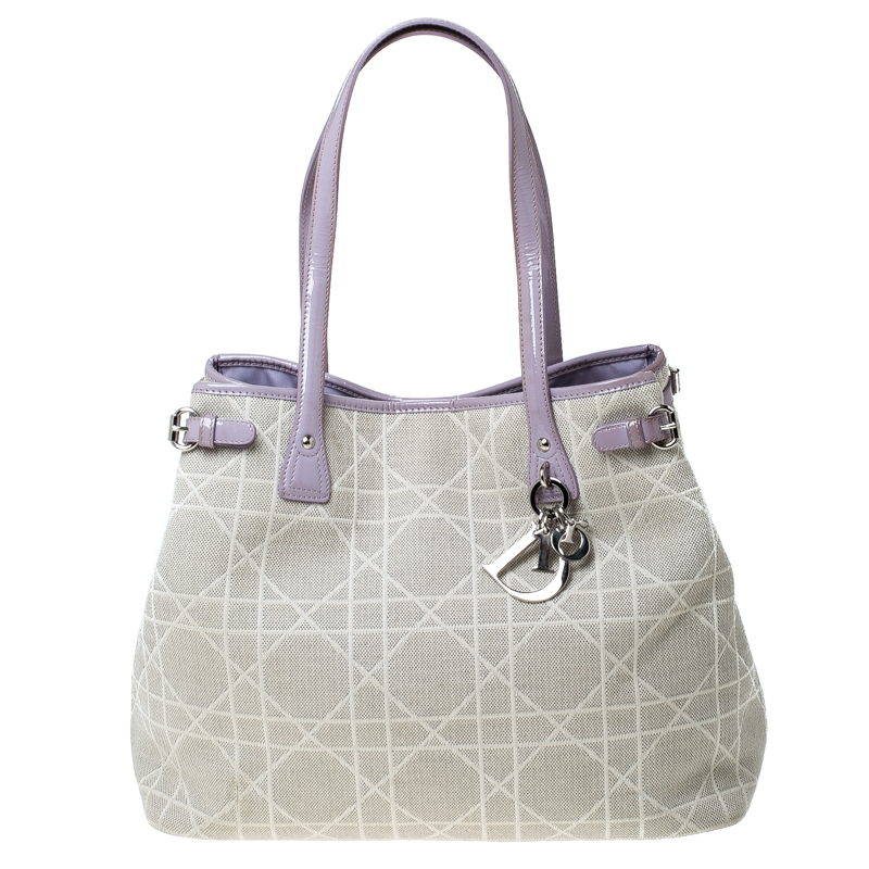 Pre Owned Dior Grey/Lilac Cannage Quilted Canvas and Patent Leather Panarea Tote 