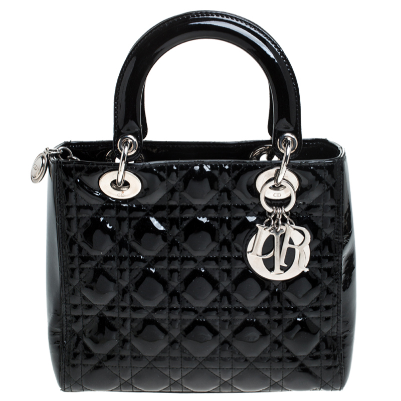 Dior Black Patent Cannage Quilted Leather Medium Lady Dior Tote 