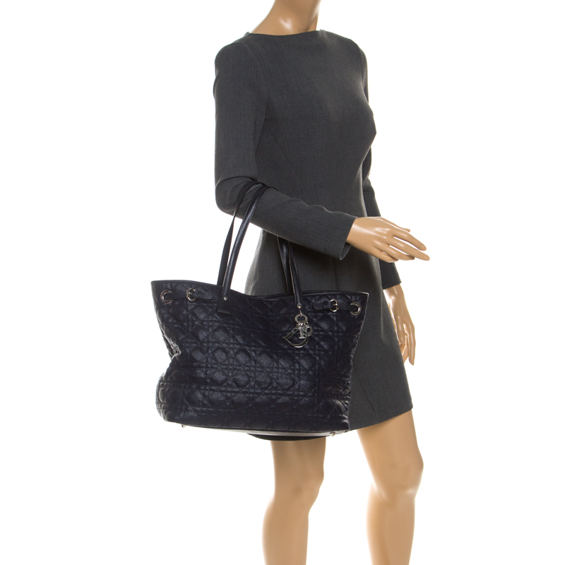 

Dior Navy Blue Cannage Coated Canvas Medium Panarea Tote