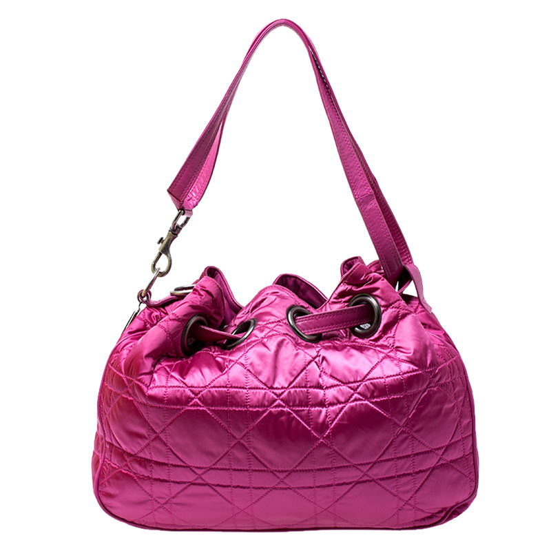 مملوكة مسبقًا Dior Pink Cannage Nylon Drawstring Hobo