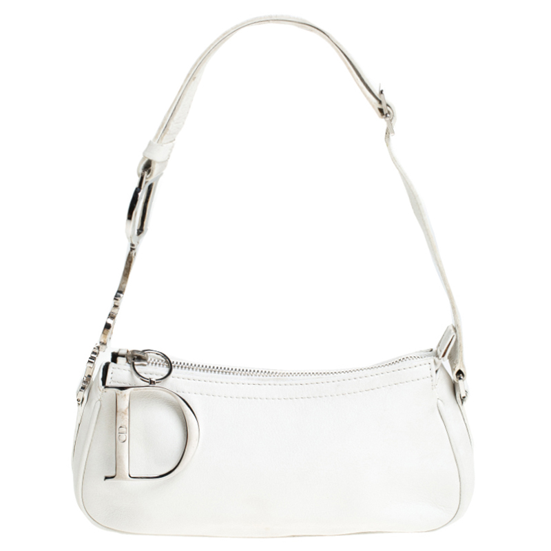 Dior White Leather Logo Charm Shoulder Bag