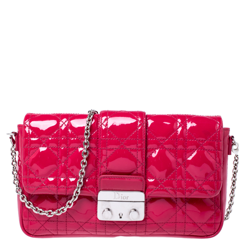 Pre Owned Dior Fuschia Patent Leather New Lock Chain Clutch Bag