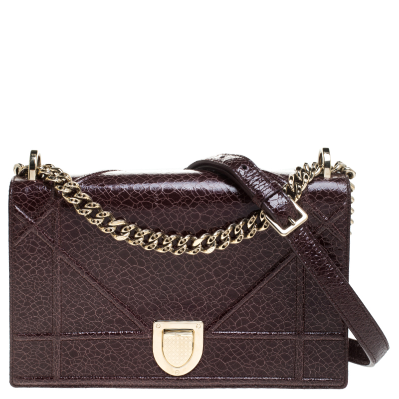 Dior Dark Maroon Crackled Patent Leather Medium Diorama Shoulder Bag