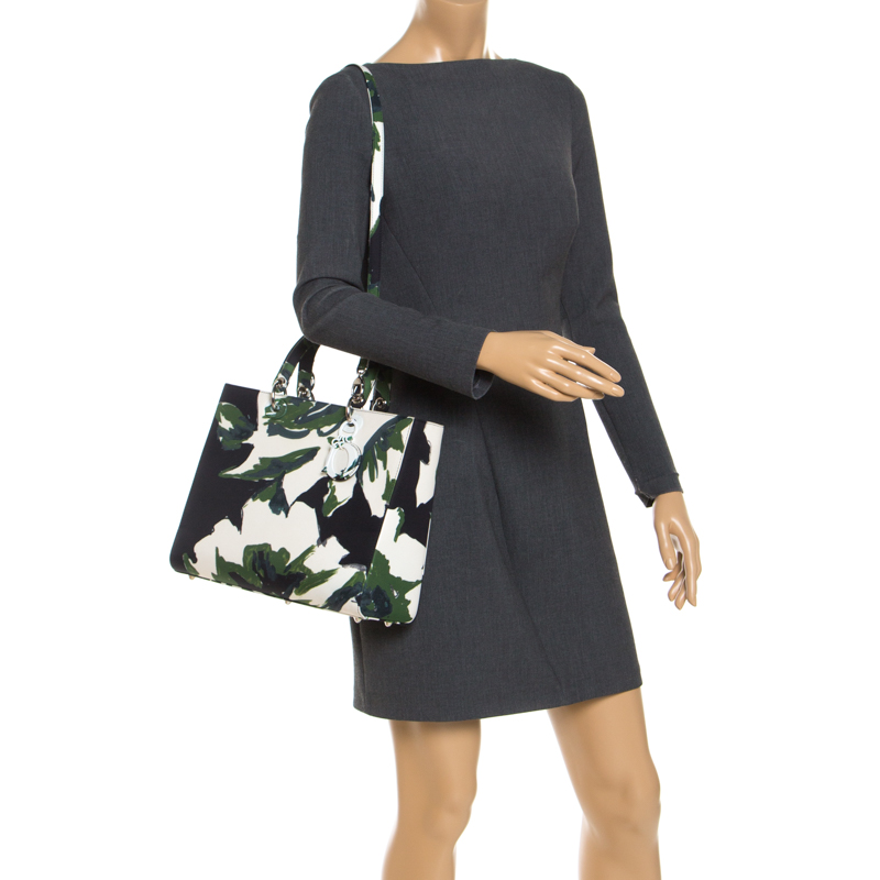 

Dior Green Floral Graffiti Print Fabric  Limited Edition Lady Dior Tote