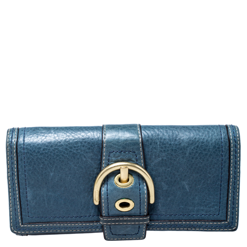 Pre Owned Coach Blue Leather Buckle Strap Flap Continental Wallet