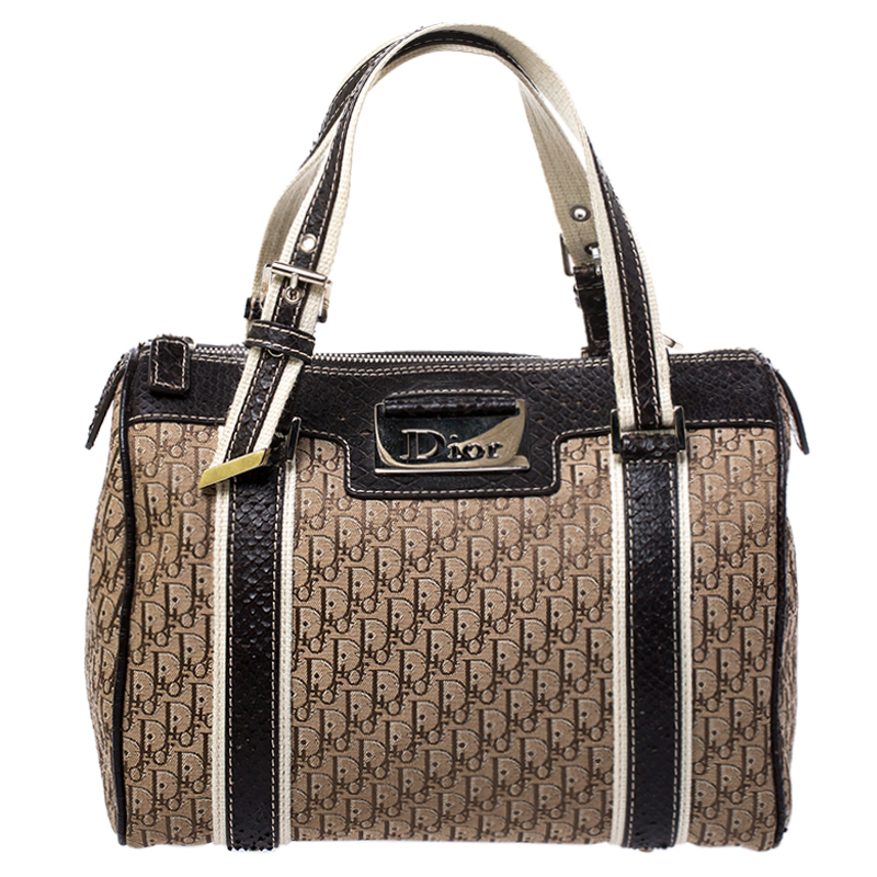 Dior Brown Diorissimo Canvas And Python Small Boston Bag