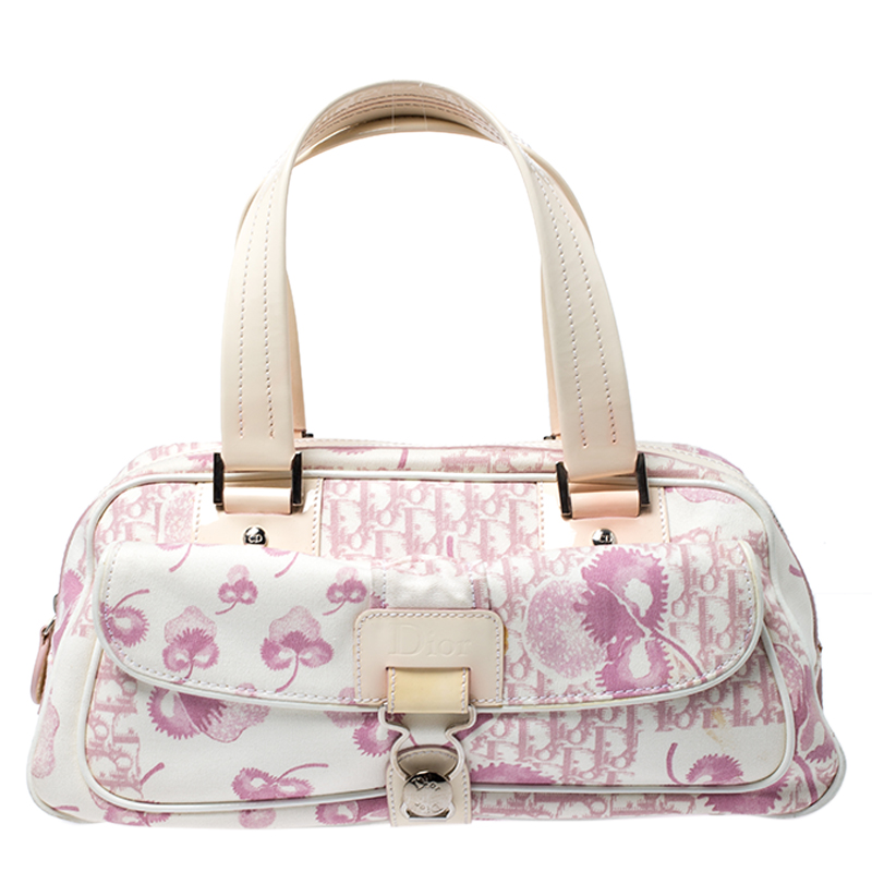 Dior Pink/Cream Floral Print Canvas and Patent Leather Satchel