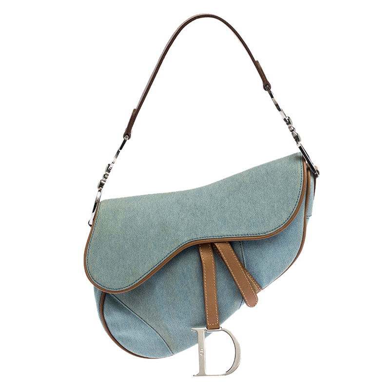 Pre Owned Dior Blue Denim and Leather Saddle Bag