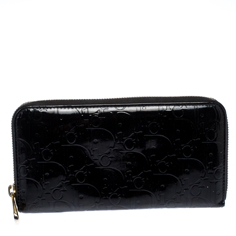 مملوكة مسبقًا Dior Black Diorrisimo Patent Leather Zip Around Wallet