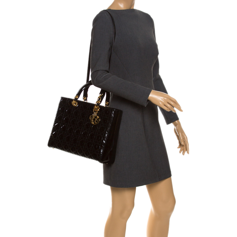 

Dior Black Cannage Patent Leather  Lady Dior Tote