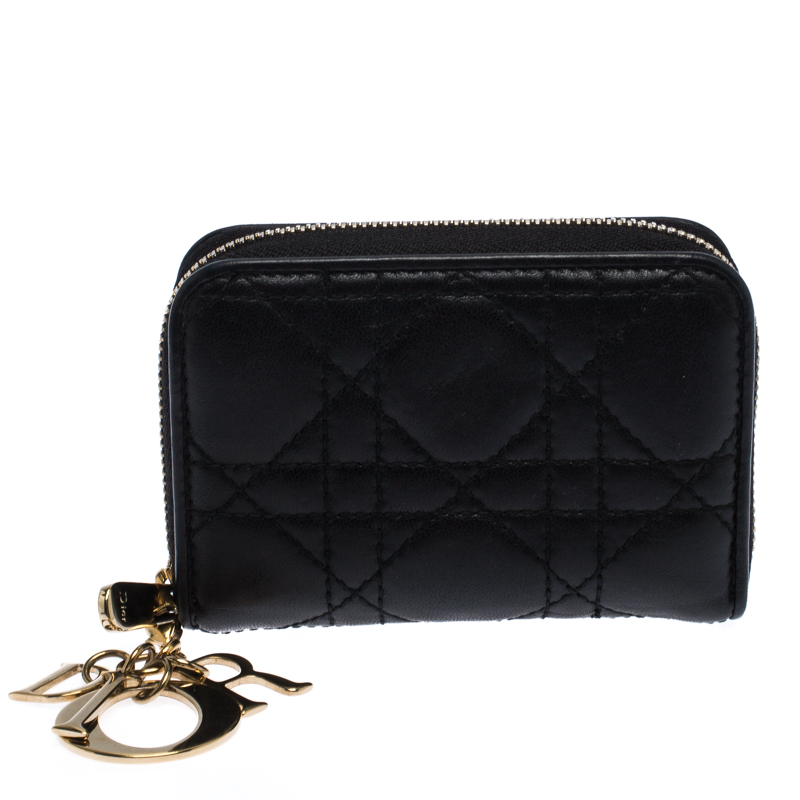 Pre Owned حافظة بطاقات ديور ليدي ديور جلد مبطن متعددة الجيوب سوداء