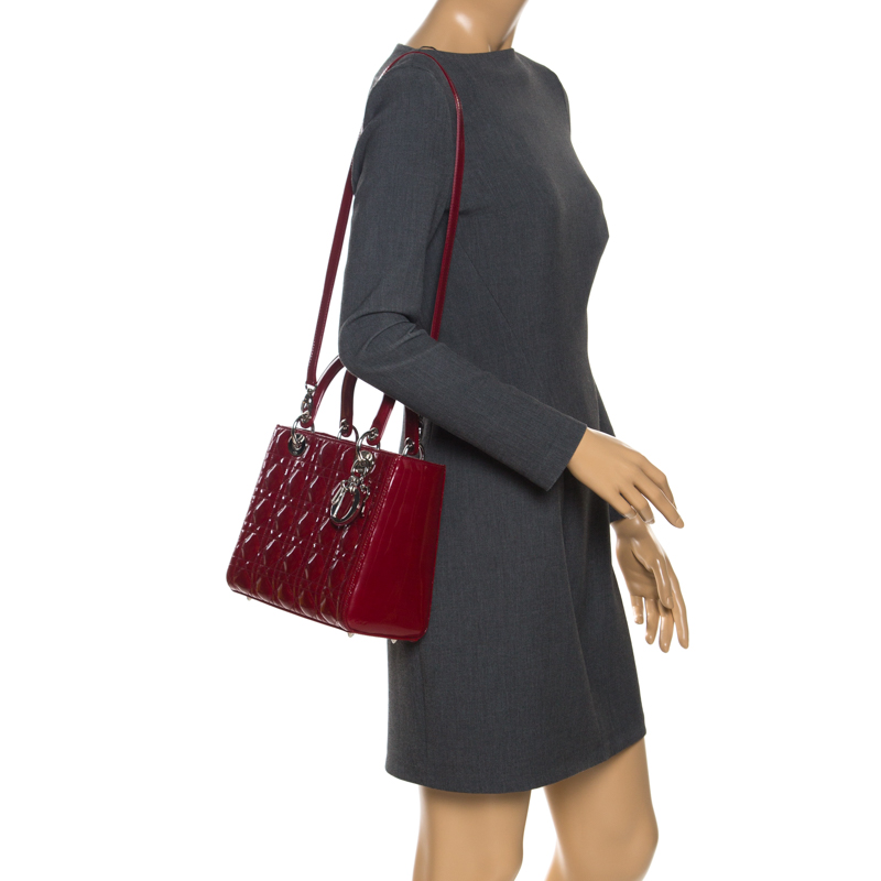 

Dior Red Patent Cannage Quilted Leather  Lady Dior Tote