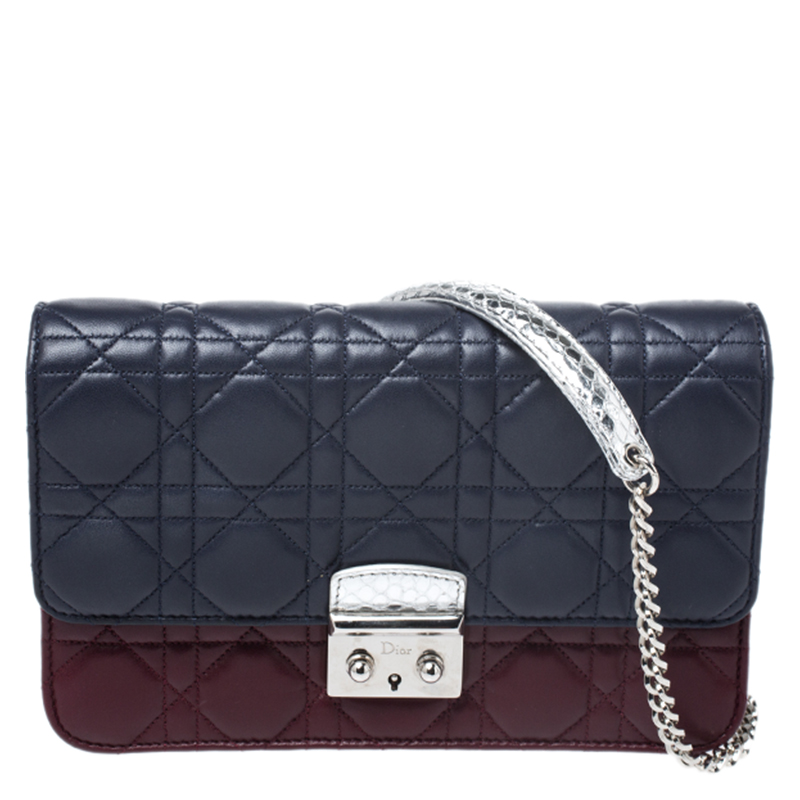 Dior Blue/Maroon Cannage Quilted Leather and Python Miss Dior Promenade Clutch Bag