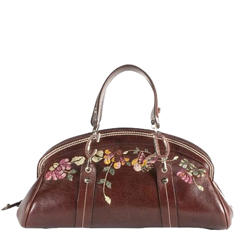 Pre-owned Dior Brown Leather Flowers Embroidered Satchel