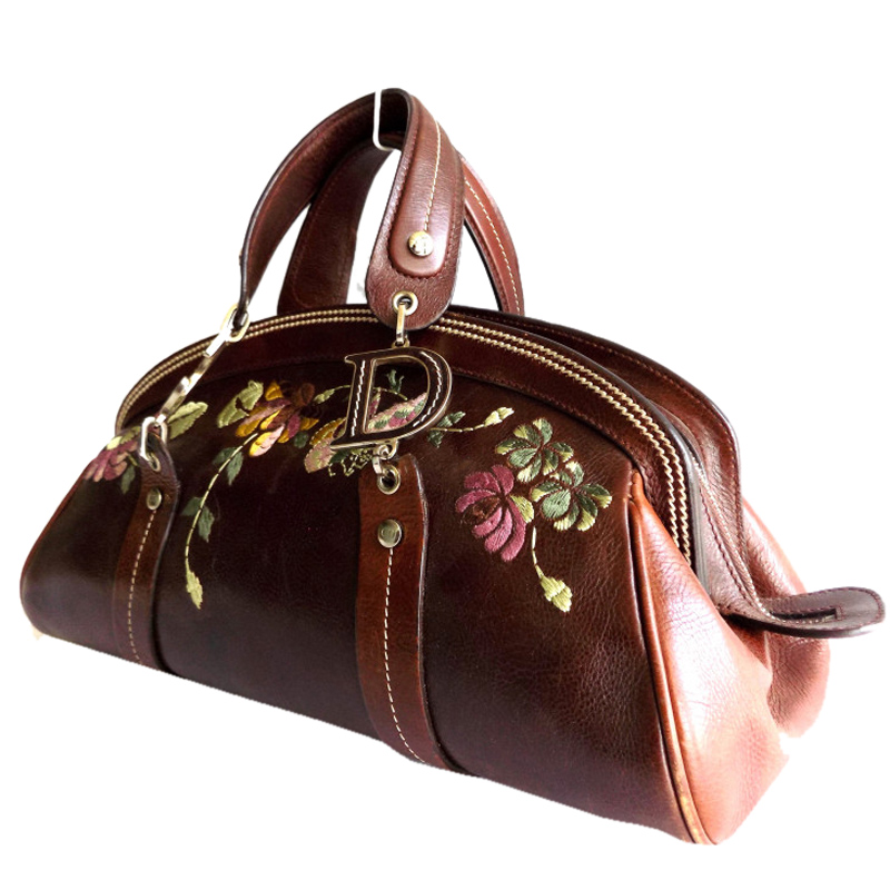 

Dior Brown Leather Flowers Embroidered Satchel