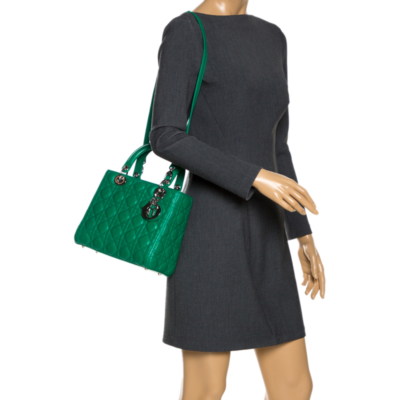 

Dior Green Cannage Quilted Leather  Lady Dior Tote