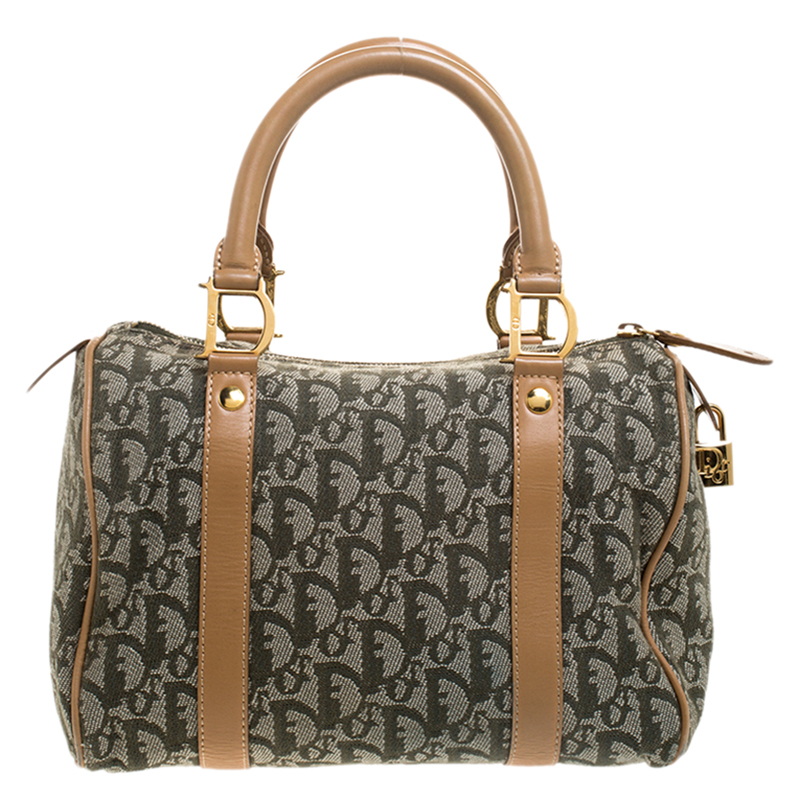 Pre Owned Dior Green/Beige Diorissimo Canvas and Leather Boston Bag
