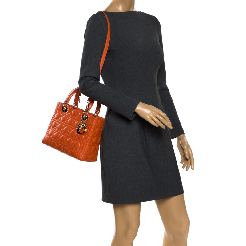 

Dior Orange Cannage Quilted Leather  Lady Dior Tote