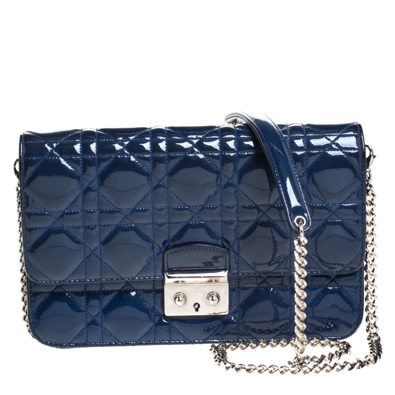 Pre Owned Dior Blue Cannage Patent Leather Miss Dior Promenade Pouch 