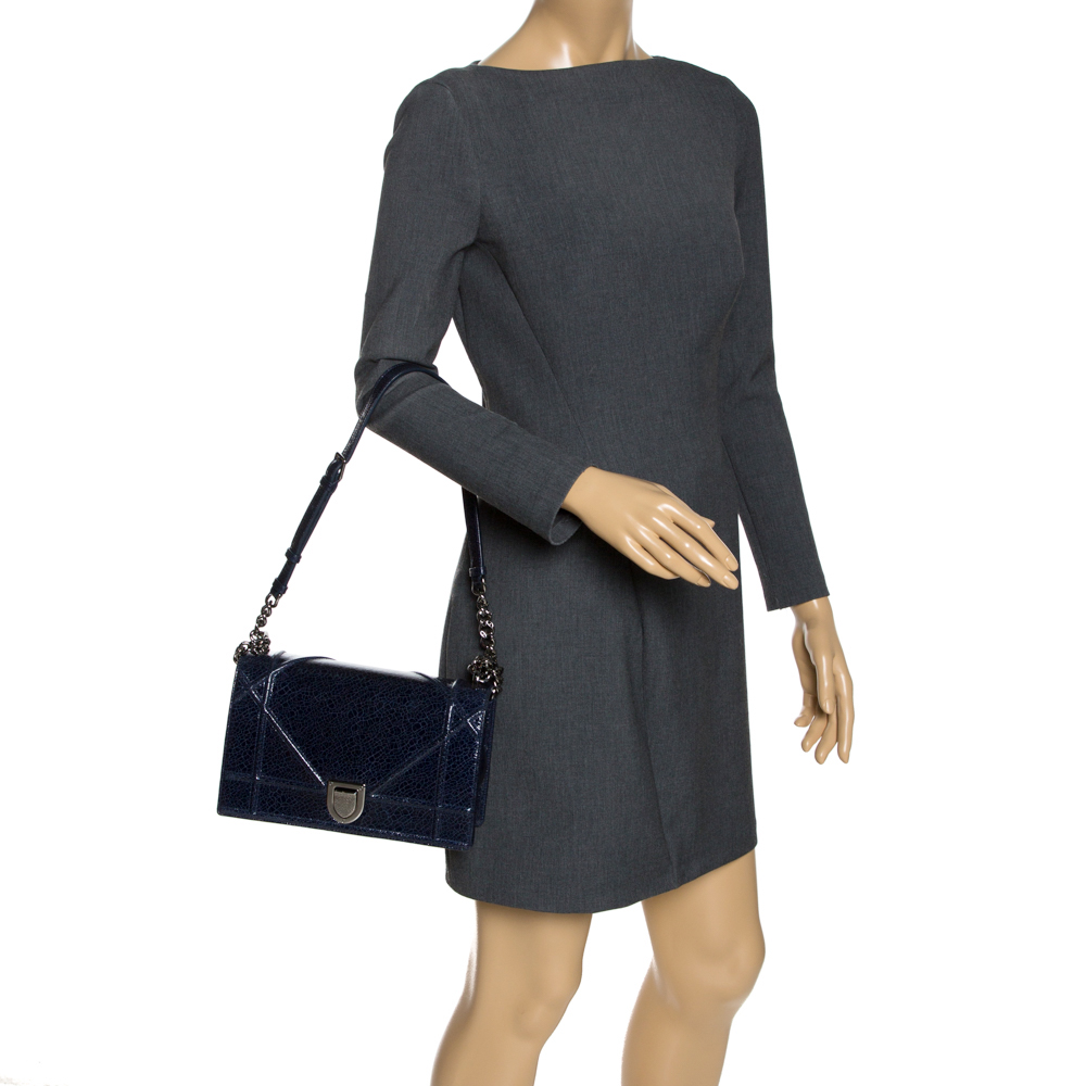 

Dior Navy Blue Crackled Patent Leather  Diorama Shoulder Bag