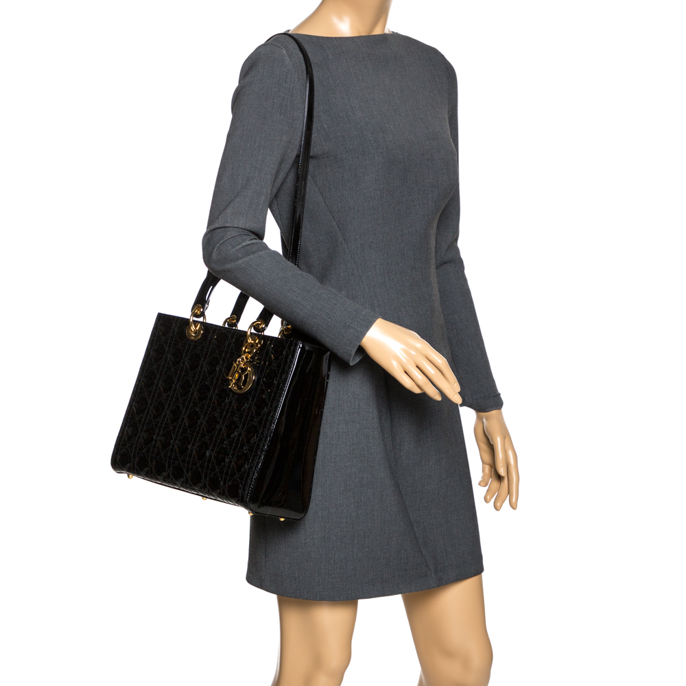 

Dior Black Cannage Patent Leather Large Lady Dior Tote