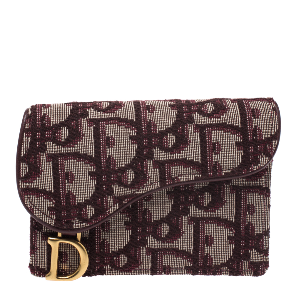 Pre Owned Dior Burgundy Oblique Canvas Saddle Card Holder