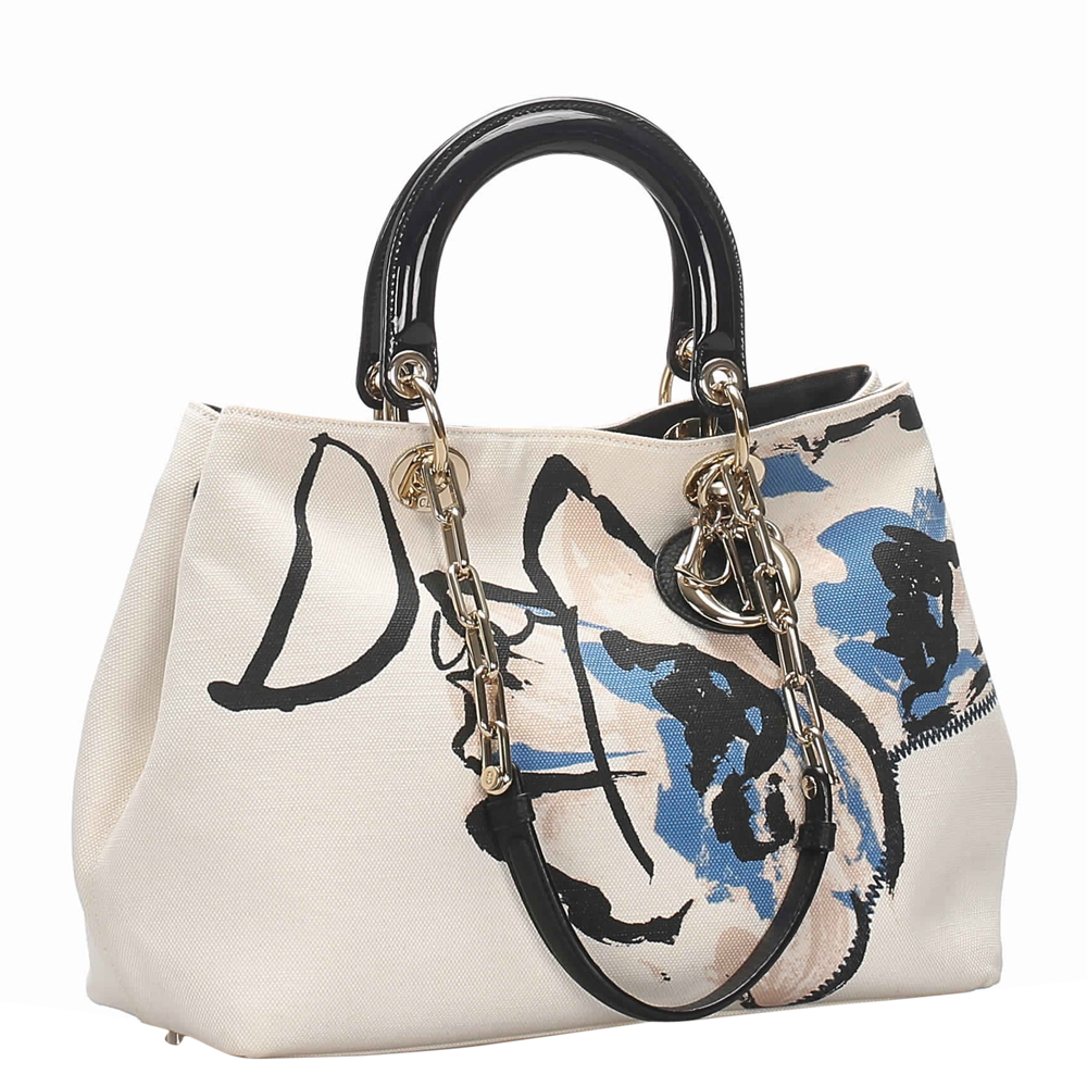 

Dior White Canvas Lady Dior Satchel, Blue