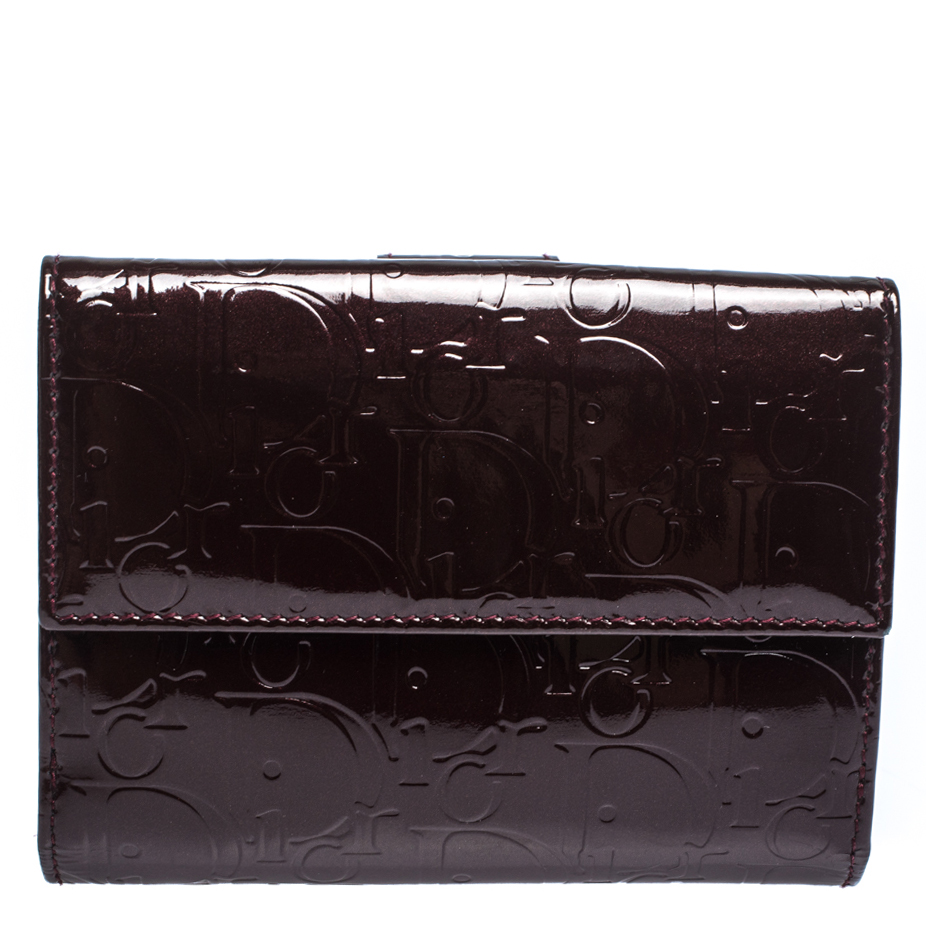 Pre Owned Dior Dark Purple Diorissimo Print Patent Leather French Wallet