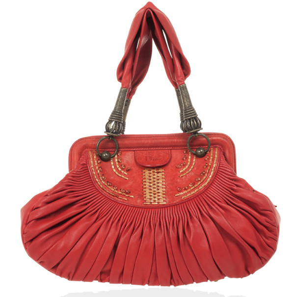 Pre Owned Christian Dior Plisse Large Pleated Red Lambskin Leather Handbag 