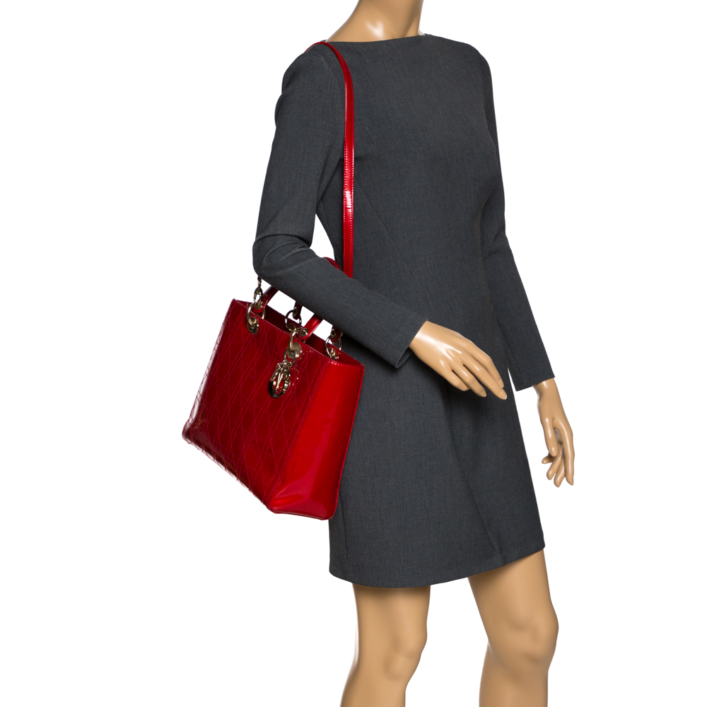 

Dior Red Cannage Patent Leather Large Lady Dior Tote